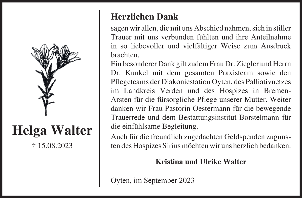 Traueranzeige von Helga Walter von Achimer Kurier/Verdener Nachrichten