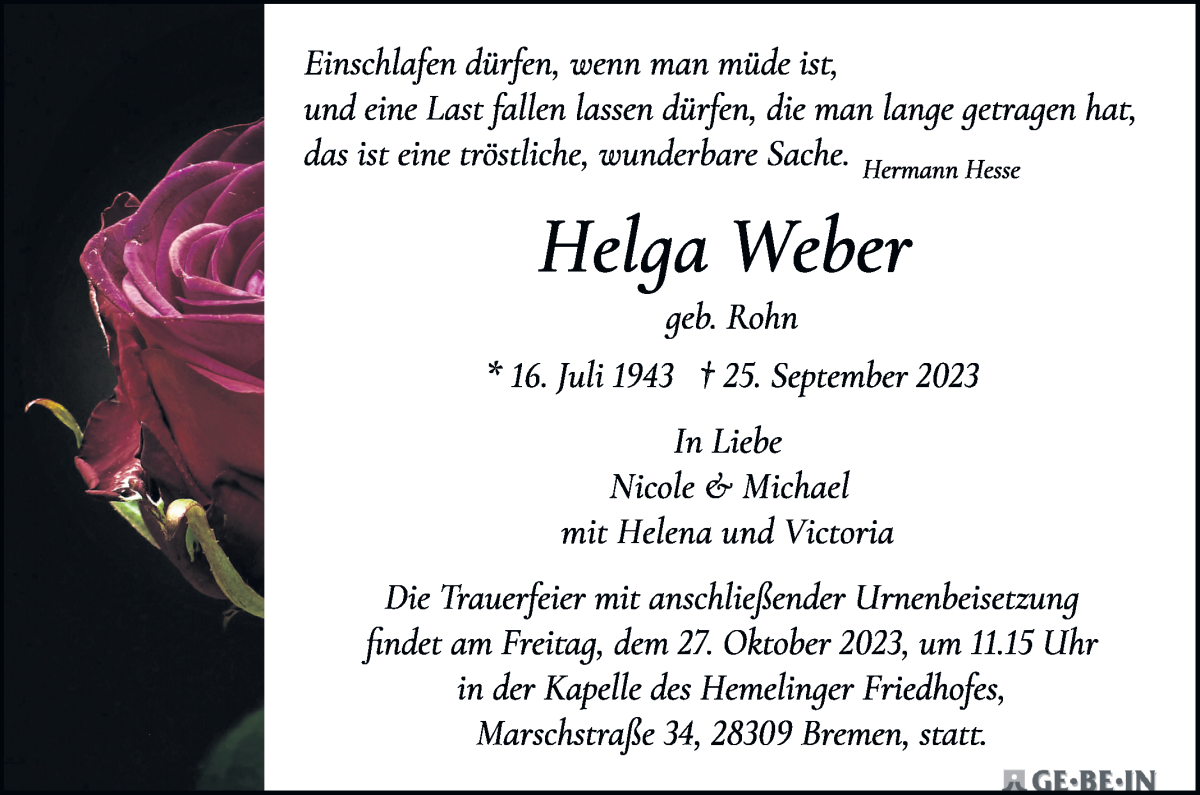 Traueranzeige von Helga Weber von WESER-KURIER