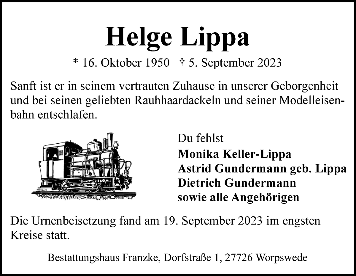 Traueranzeige von Helge Lippa von WESER-KURIER