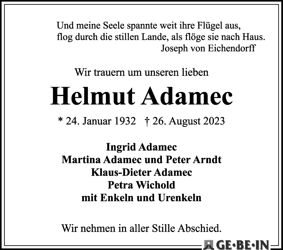 Traueranzeige von Helmut Adamec von WESER-KURIER