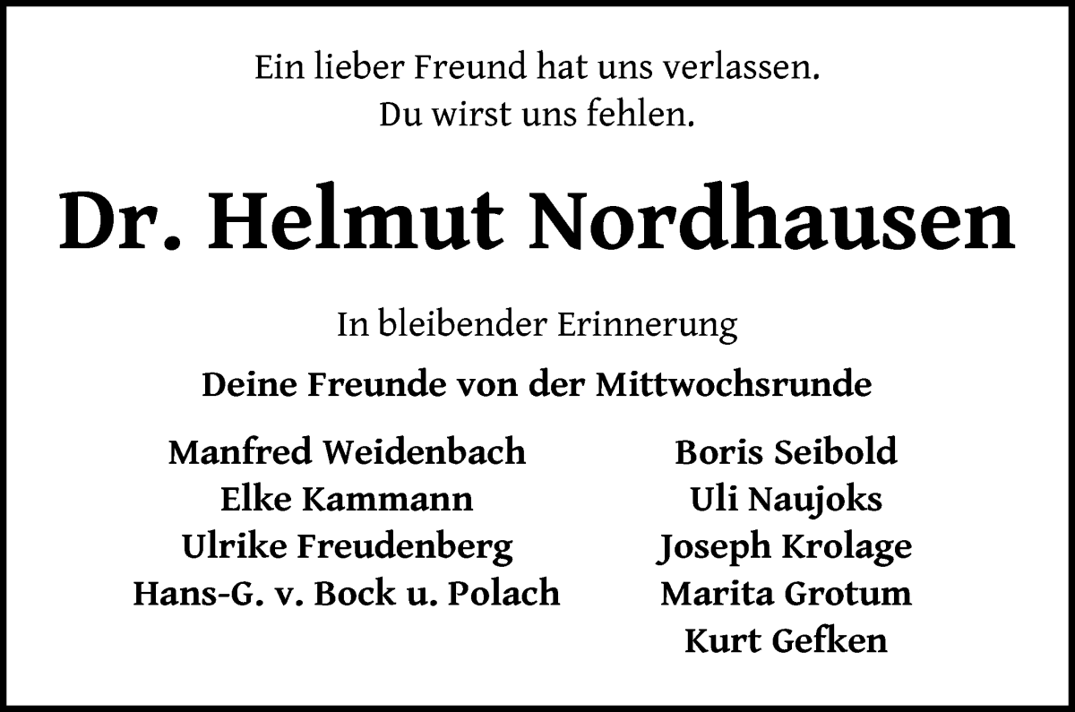 Traueranzeige von Helmut Nordhausen von WESER-KURIER