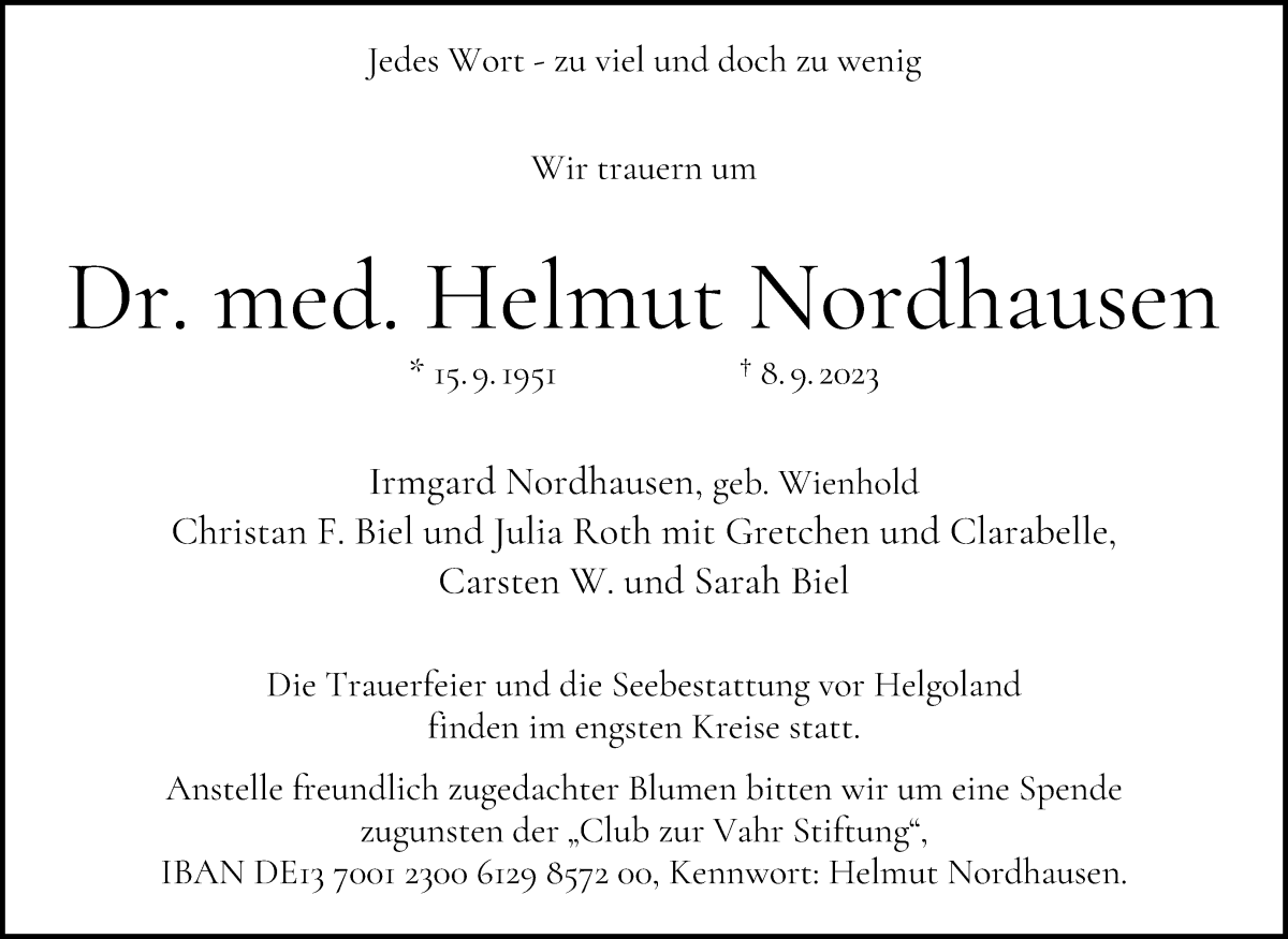 Traueranzeige von Helmut Nordhausen von WESER-KURIER