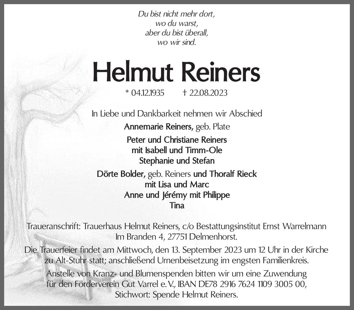 Traueranzeige von Helmut Reiners von Regionale Rundschau/Syker Kurier
