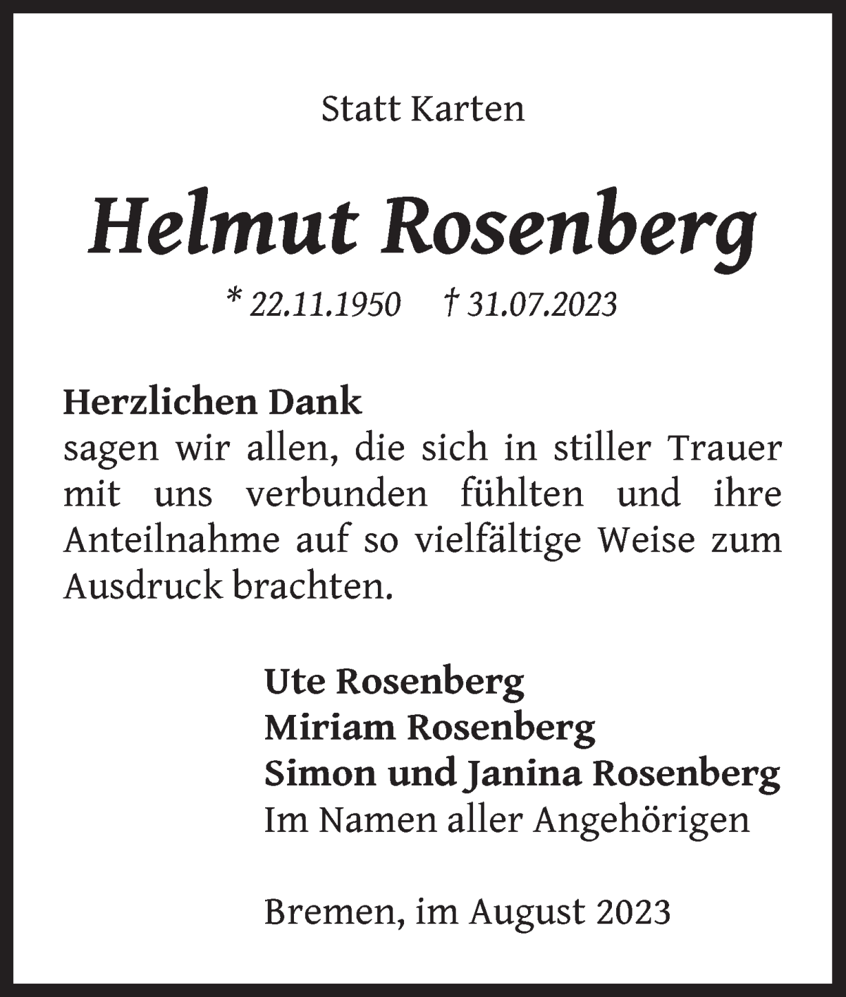 Traueranzeige von Helmut Rosenberg von WESER-KURIER