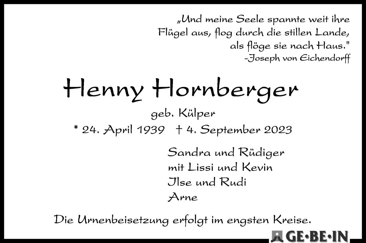 Traueranzeige von Henny Hornberger von WESER-KURIER