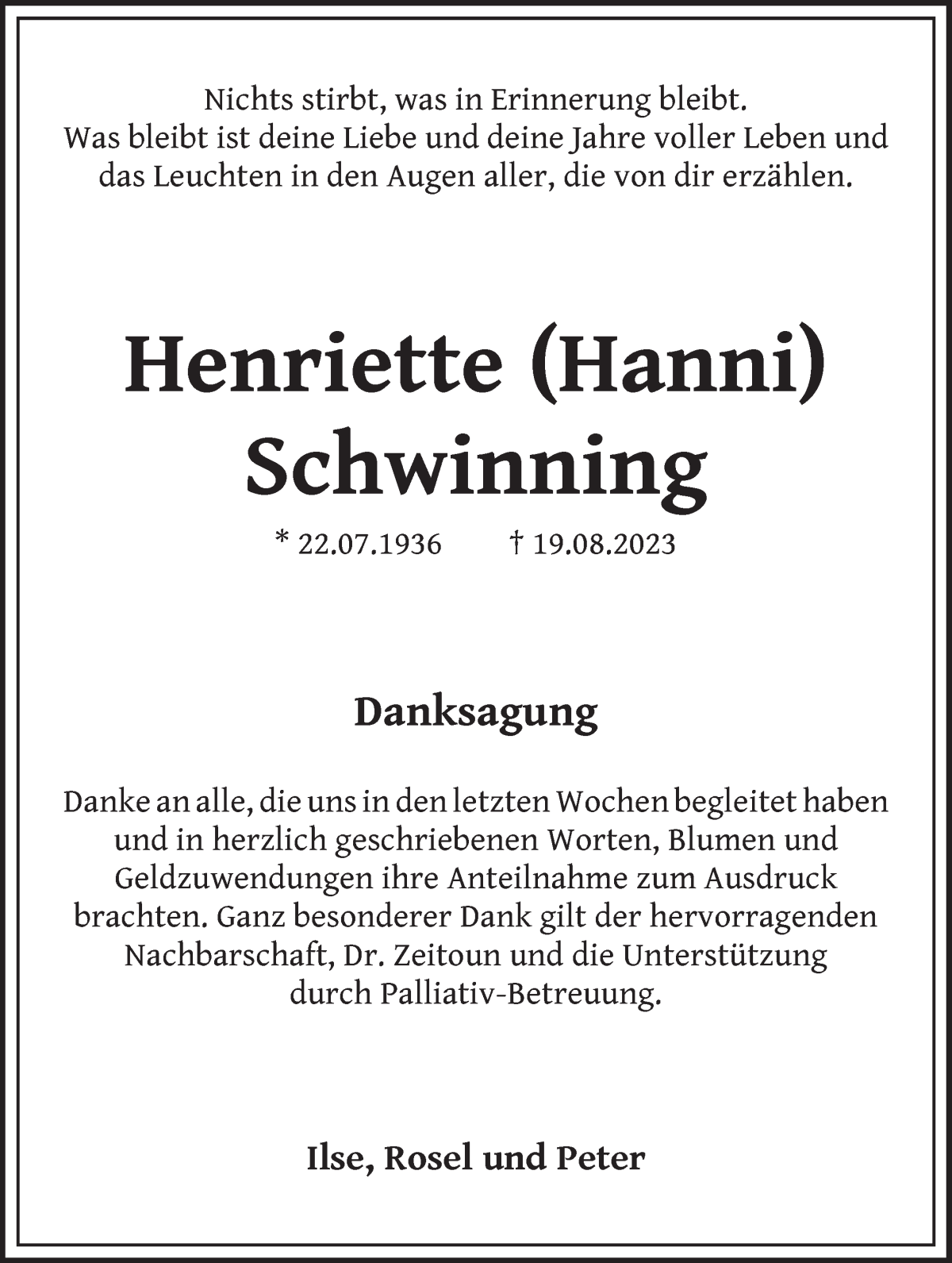 Traueranzeige von Henriette Schwinning von Wuemme Zeitung