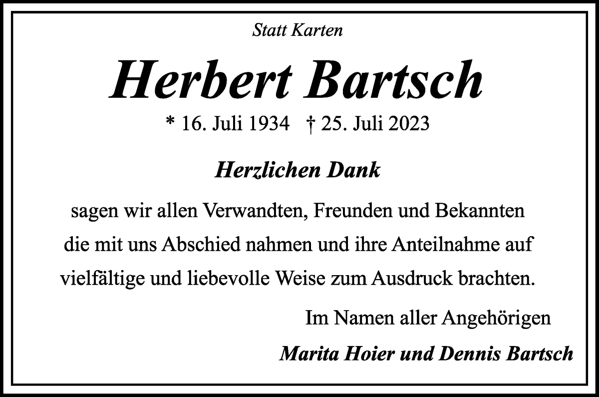 Traueranzeige von Herbert Bartsch von WESER-KURIER