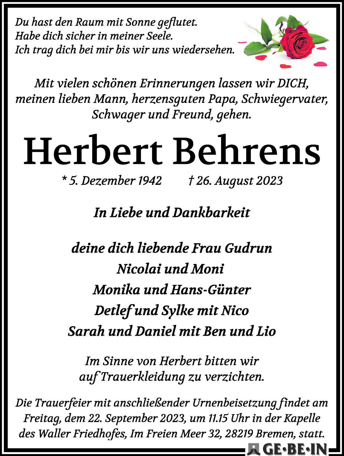 Traueranzeige von Herbert Behrens von WESER-KURIER
