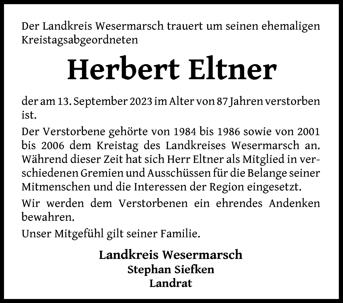 Traueranzeige von Herbert Eltner von Die Norddeutsche