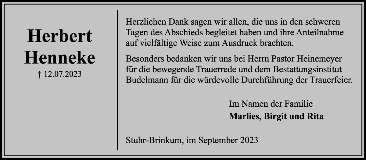 Traueranzeige von Herbert Henneke von Regionale Rundschau/Syker Kurier