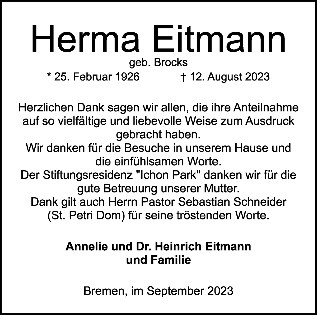 Traueranzeige von Herma Eitmann von WESER-KURIER