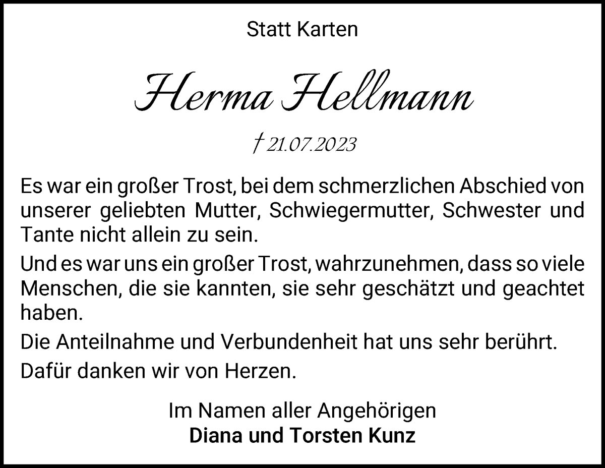 Traueranzeige von Herma Hellmann von WESER-KURIER