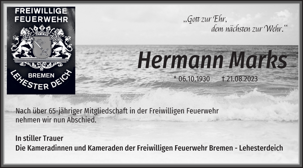 Traueranzeige von Hermann Marks von Wuemme Zeitung