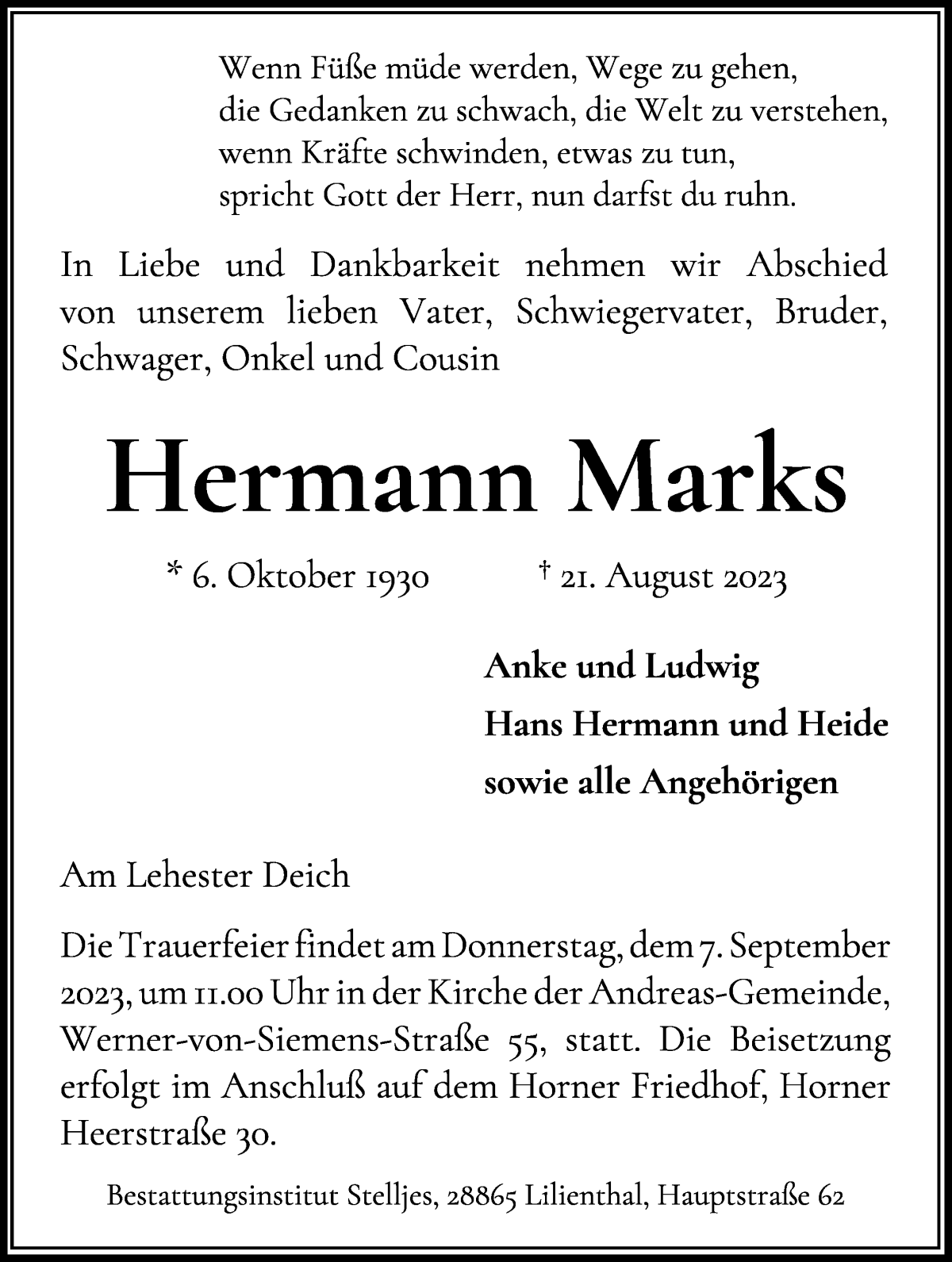 Traueranzeige von Hermann Marks von WESER-KURIER