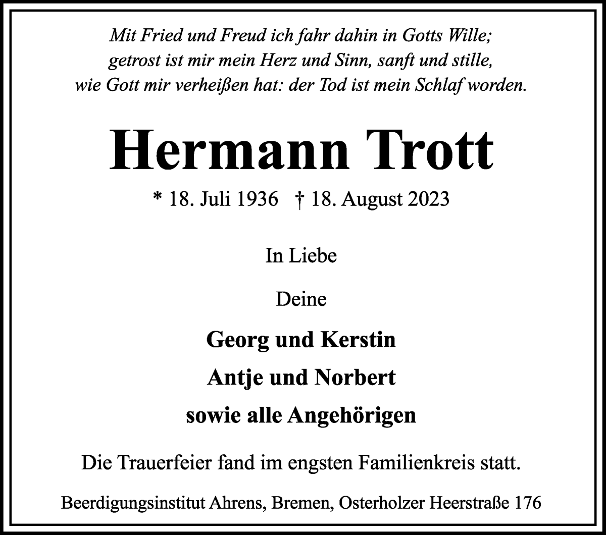 Traueranzeige von Hermann Trott von WESER-KURIER