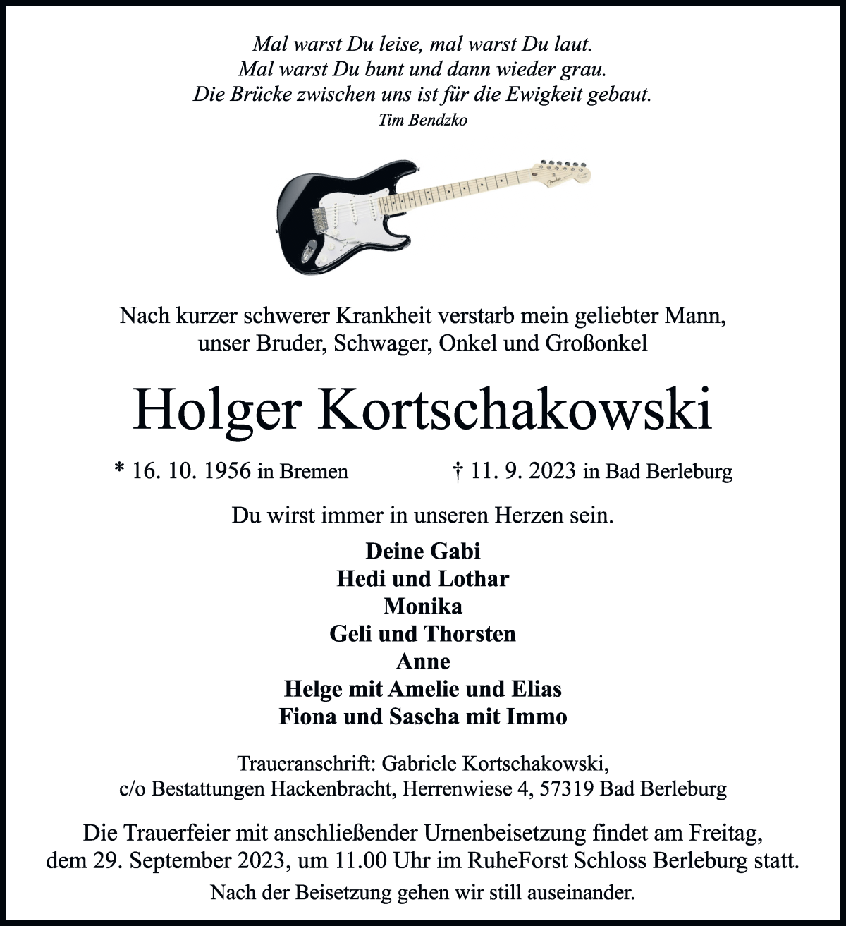 Traueranzeige von Holger Kortschakowski von Die Norddeutsche