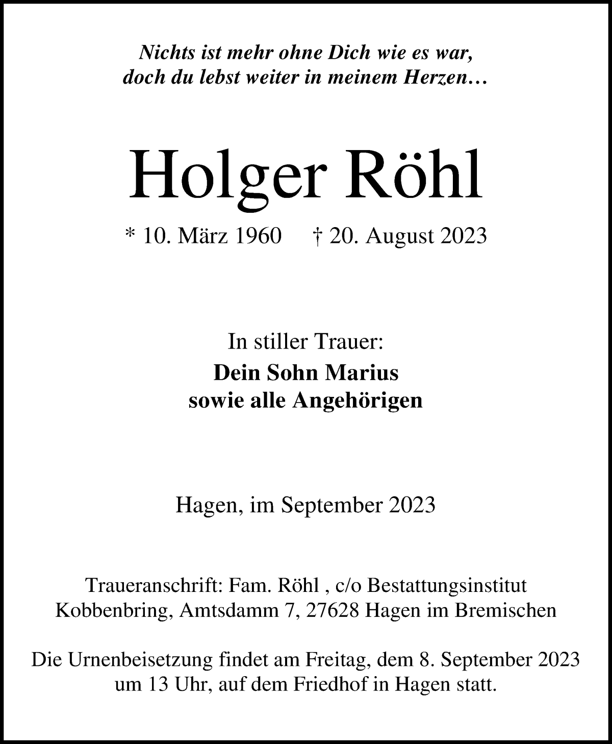 Traueranzeige von Holger Röhl von Wuemme Zeitung
