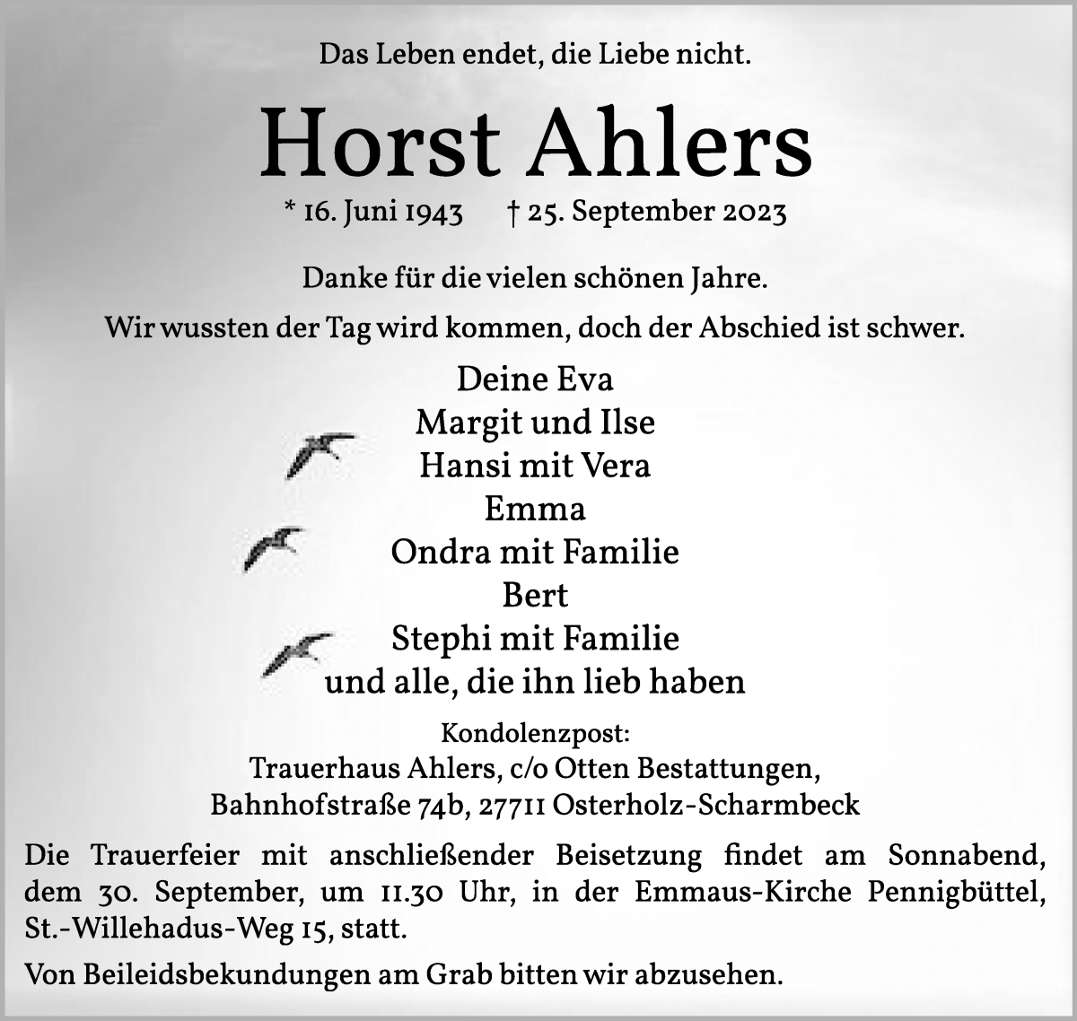 Traueranzeige von Horst Ahlers von Osterholzer Kreisblatt