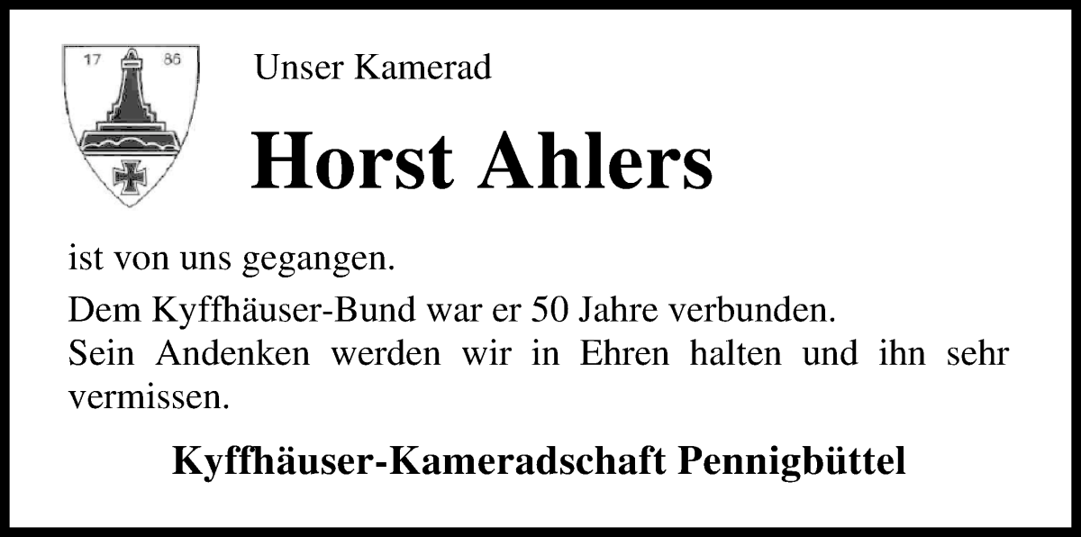 Traueranzeige von Horst Ahlers von Osterholzer Kreisblatt