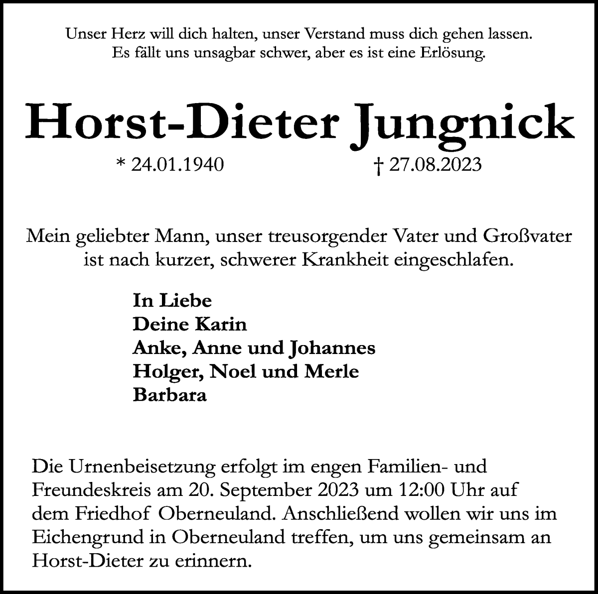 Traueranzeige von Horst-Dieter Jungnick von WESER-KURIER