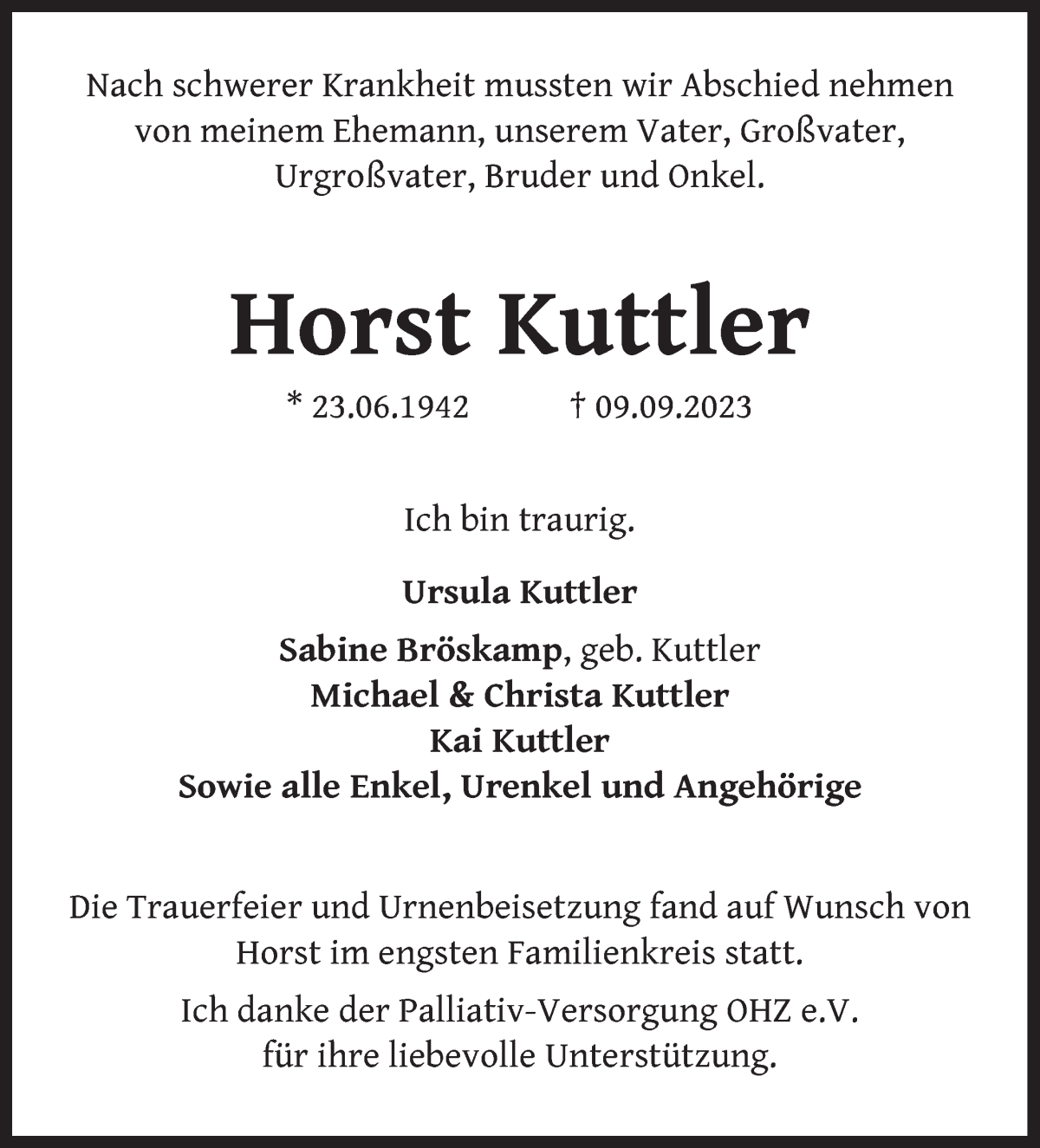 Traueranzeige von Horst Kuttler von WESER-KURIER
