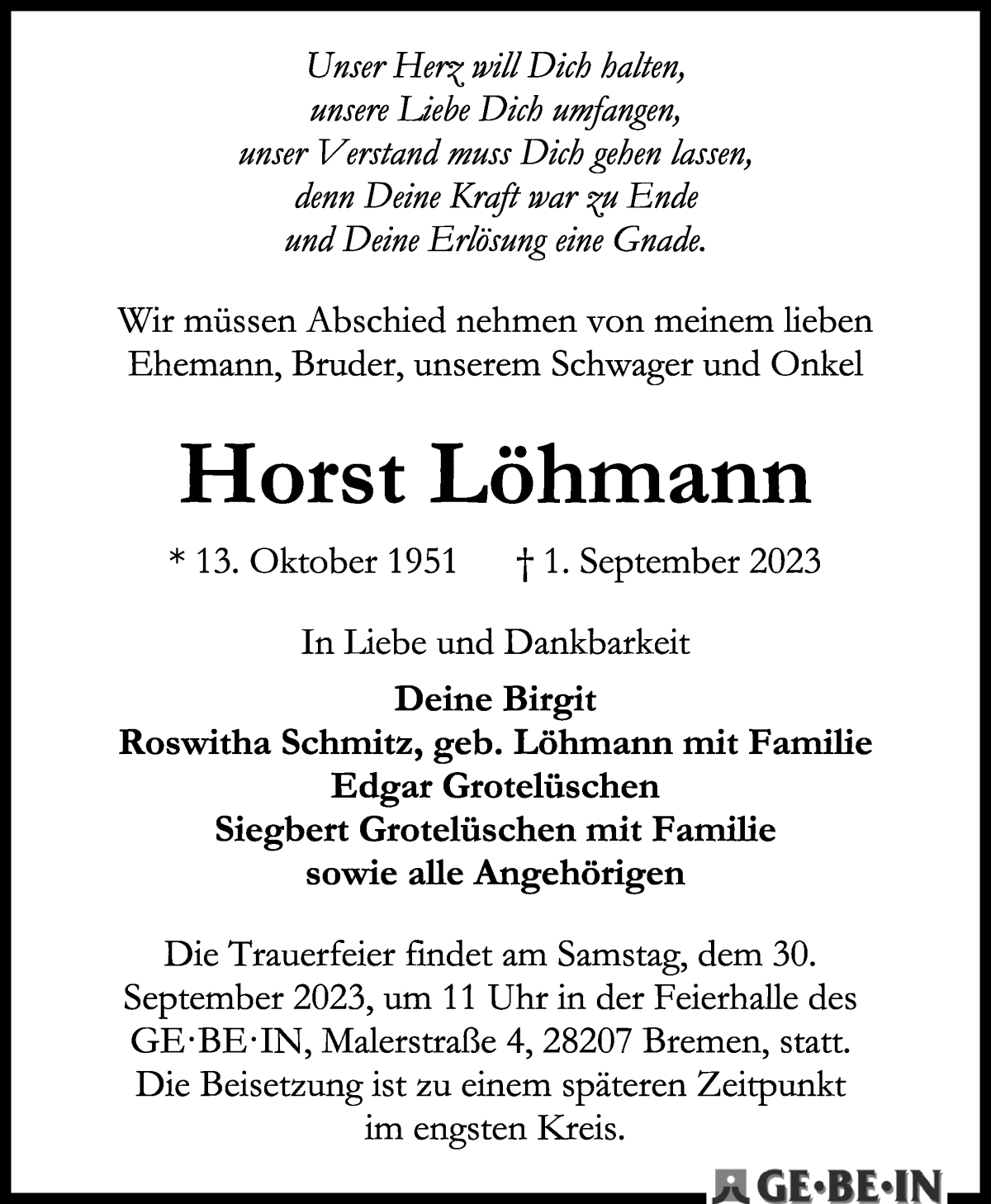 Traueranzeige von Horst Löhmann von WESER-KURIER