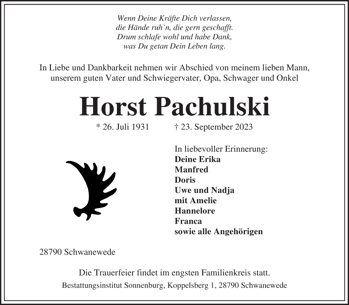 Traueranzeige von Horst Pachulski von Die Norddeutsche