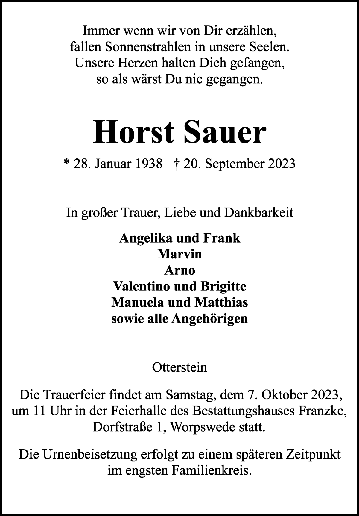 Traueranzeige von Horst Sauer von Wuemme Zeitung