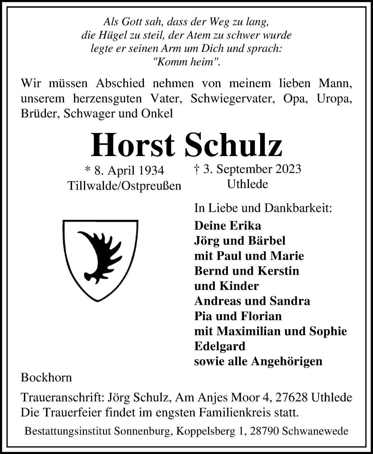 Traueranzeige von Horst Schulz von Die Norddeutsche