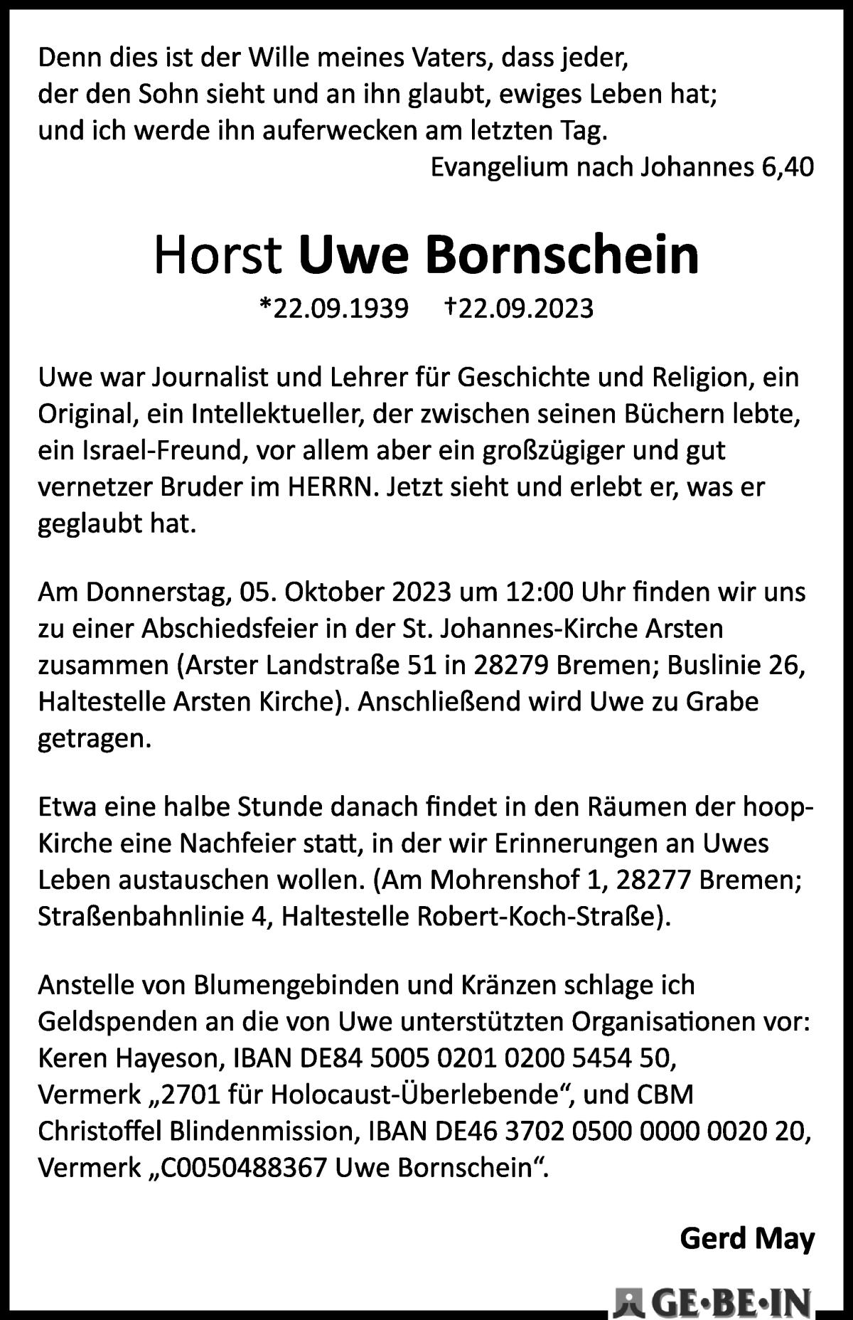 Traueranzeige von Horst Uwe Bornschein von WESER-KURIER
