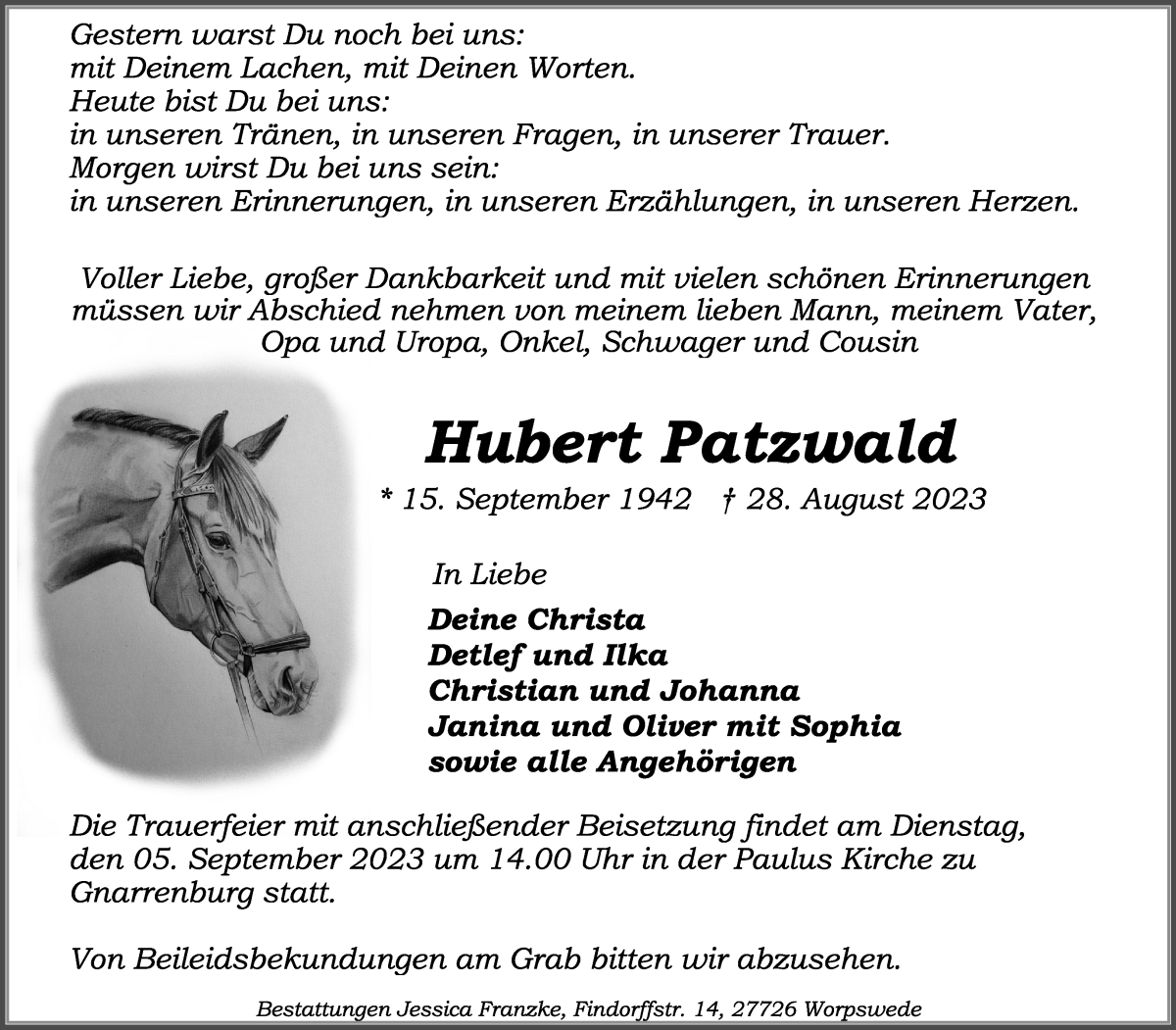 Traueranzeige von Hubert Patzwald von Wuemme Zeitung