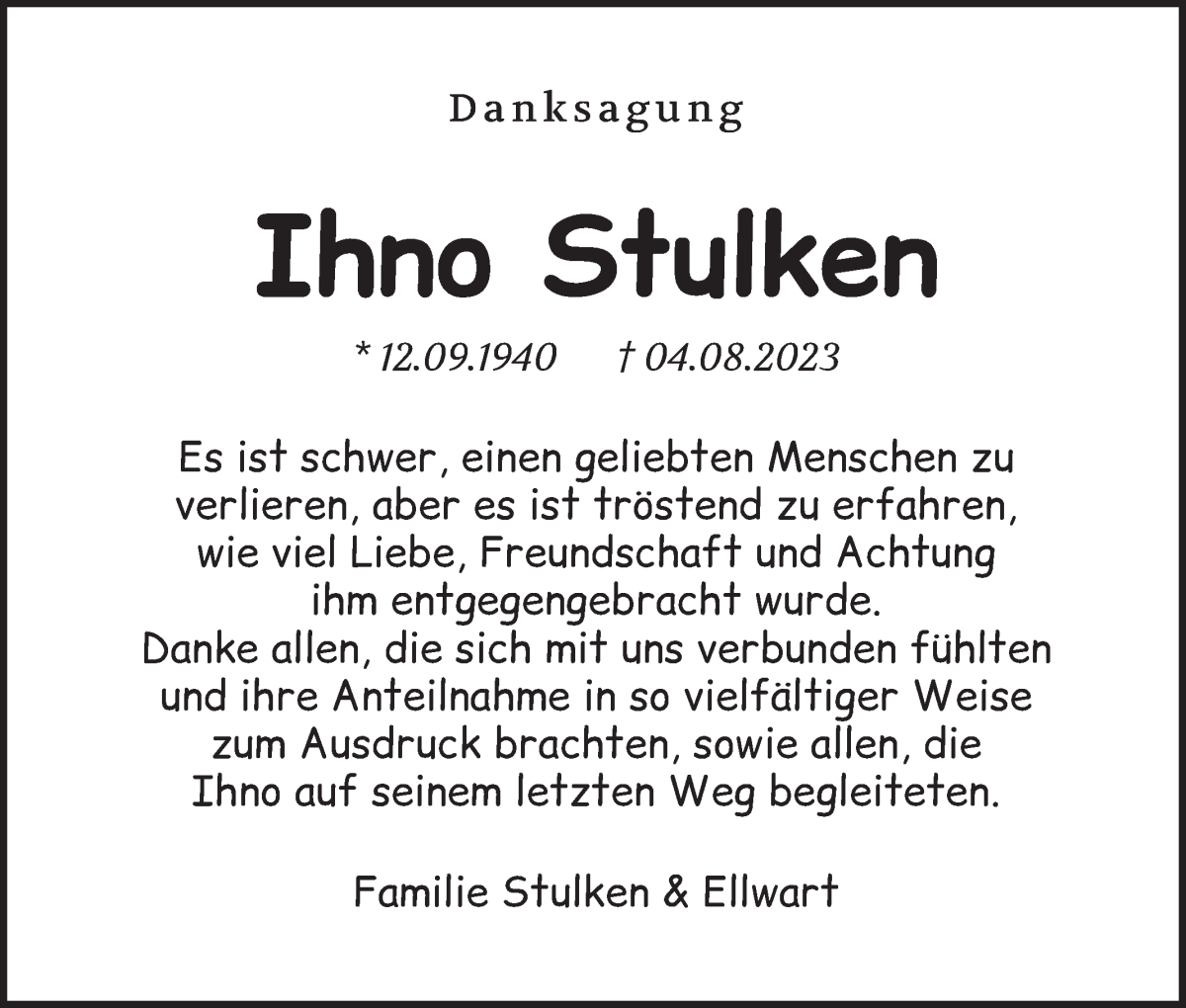 Traueranzeige von Ihno Stulken von WESER-KURIER
