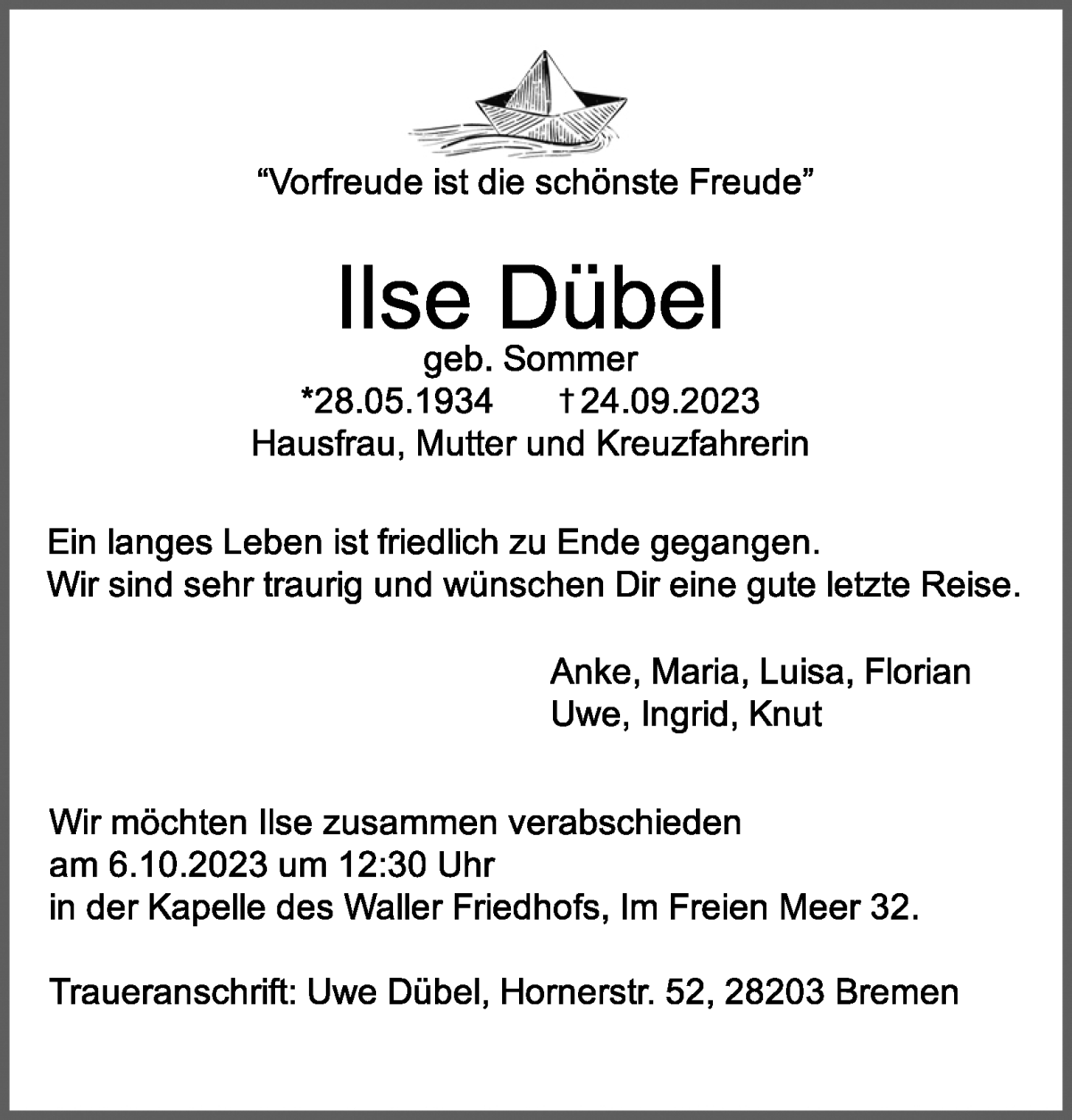 Traueranzeige von Ilse Dübel von WESER-KURIER