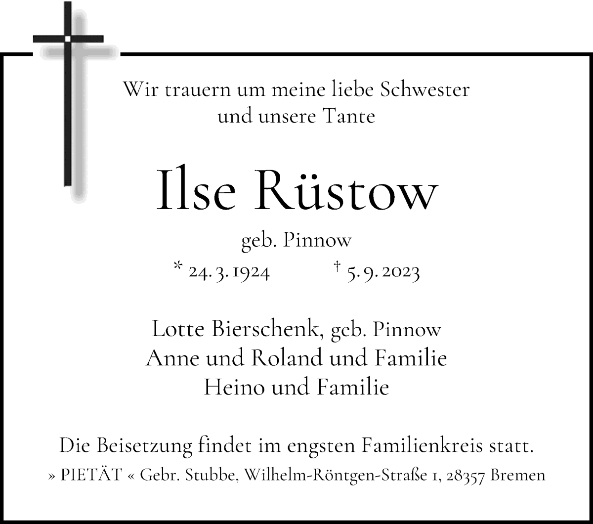 Traueranzeige von Ilse Rüstow von WESER-KURIER