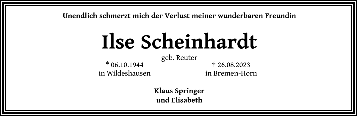 Traueranzeige von Ilse Scheinhardt von WESER-KURIER