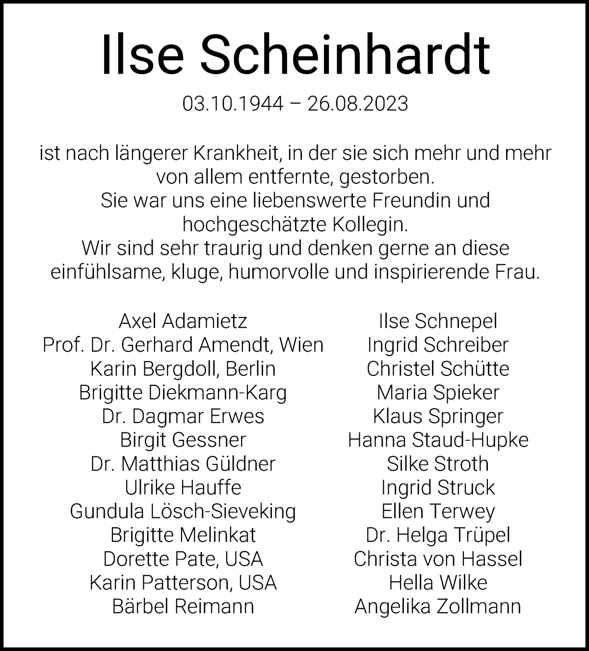 Traueranzeige von Ilse Scheinhardt von WESER-KURIER