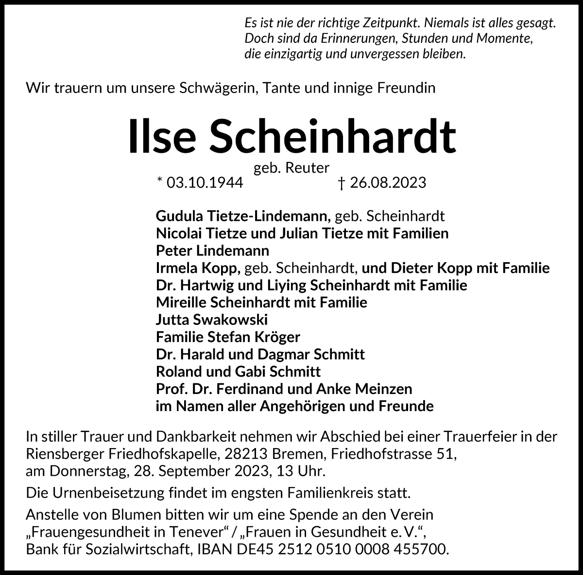 Traueranzeige von Ilse Scheinhardt von WESER-KURIER
