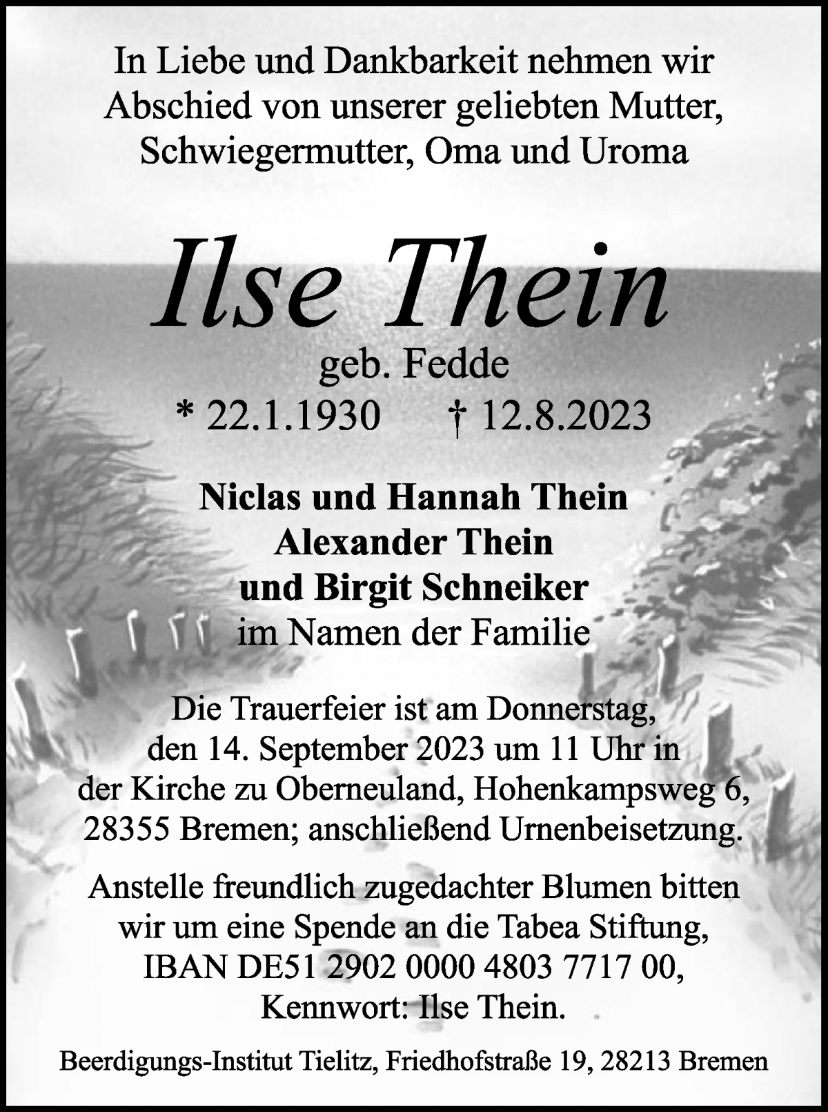 Traueranzeige von Ilse Thein von WESER-KURIER