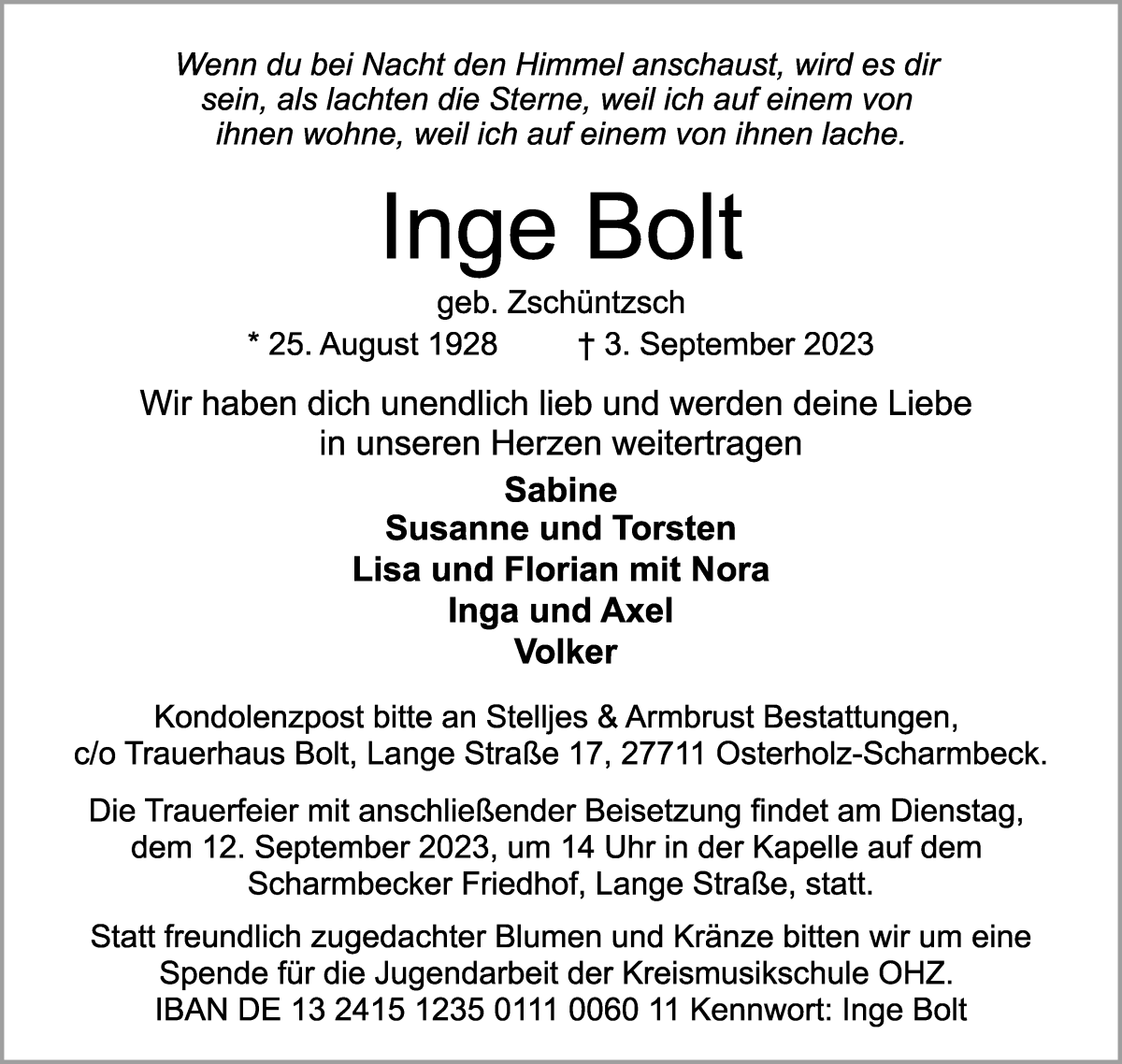 Traueranzeige von Inge Bolt von Osterholzer Kreisblatt