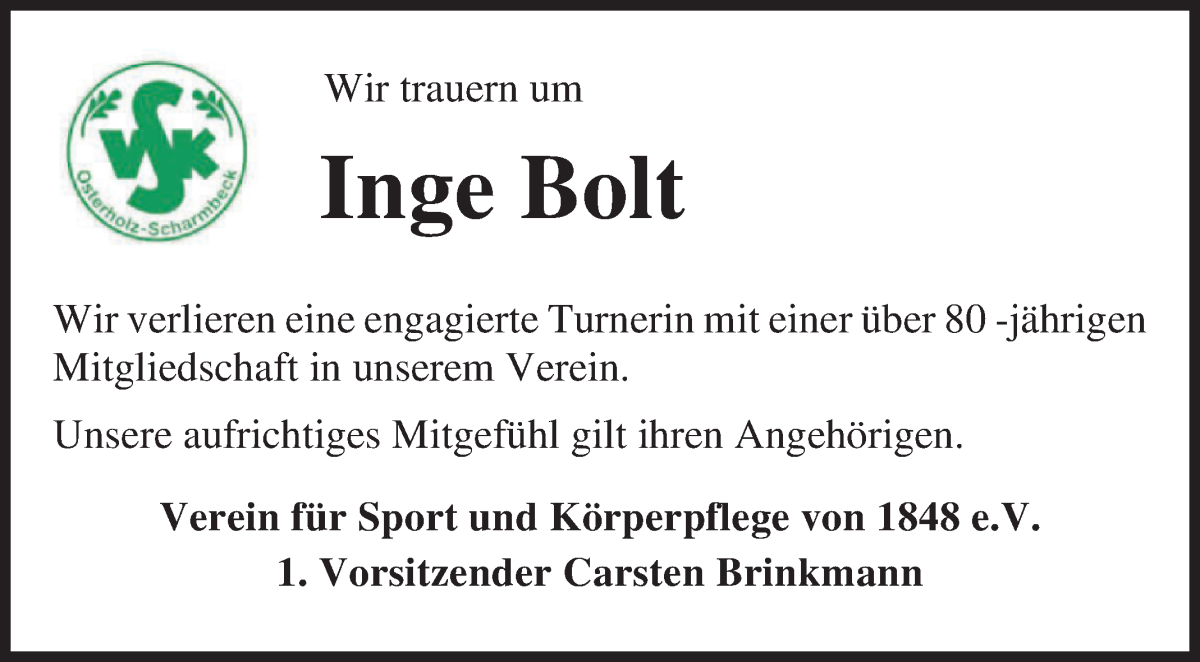 Traueranzeige von Inge Bolt von Osterholzer Kreisblatt