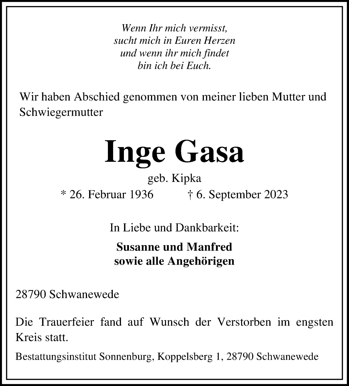 Traueranzeige von Inge Gasa von Die Norddeutsche