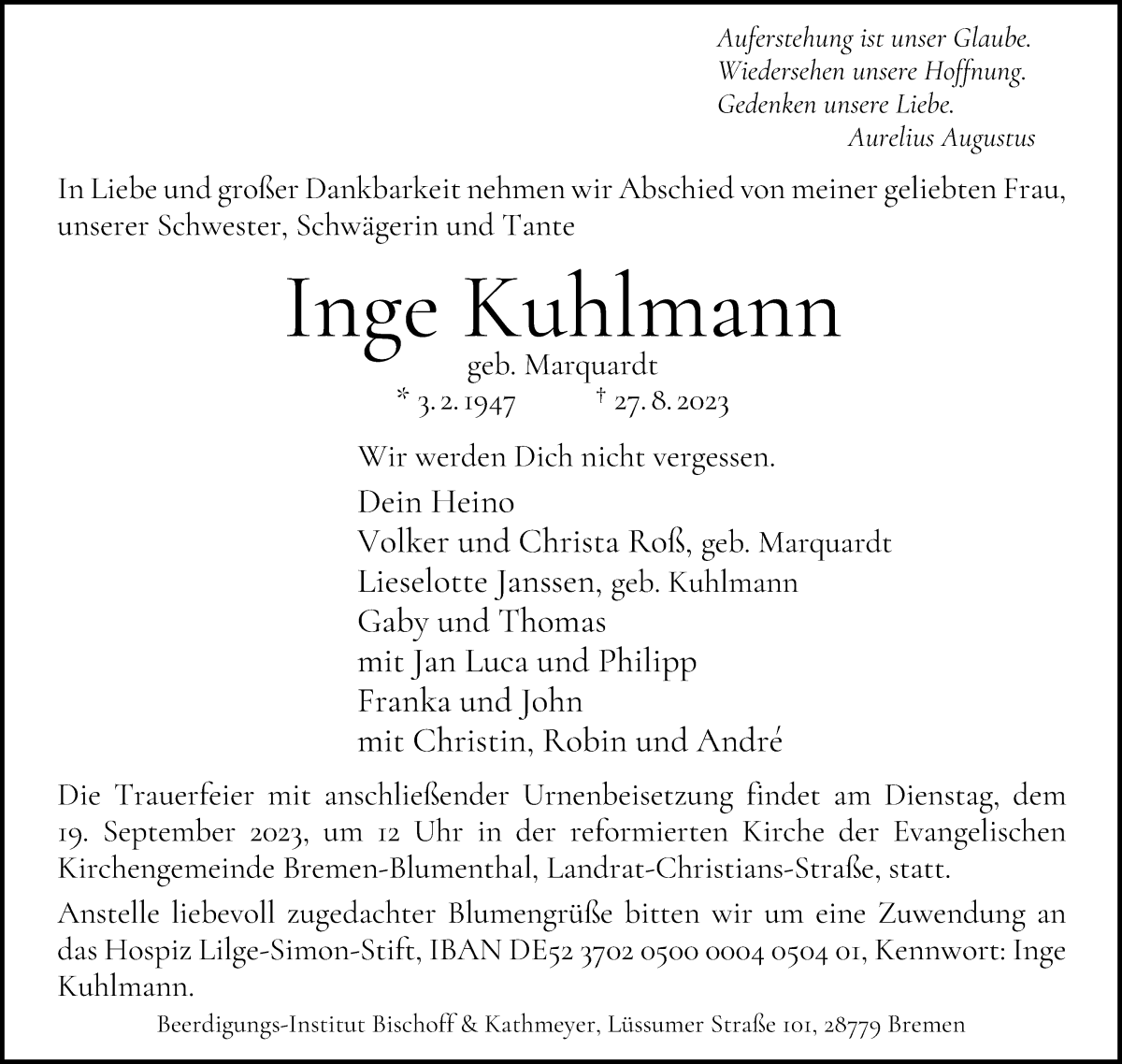 Traueranzeige von Inge Kuhlmann von Die Norddeutsche