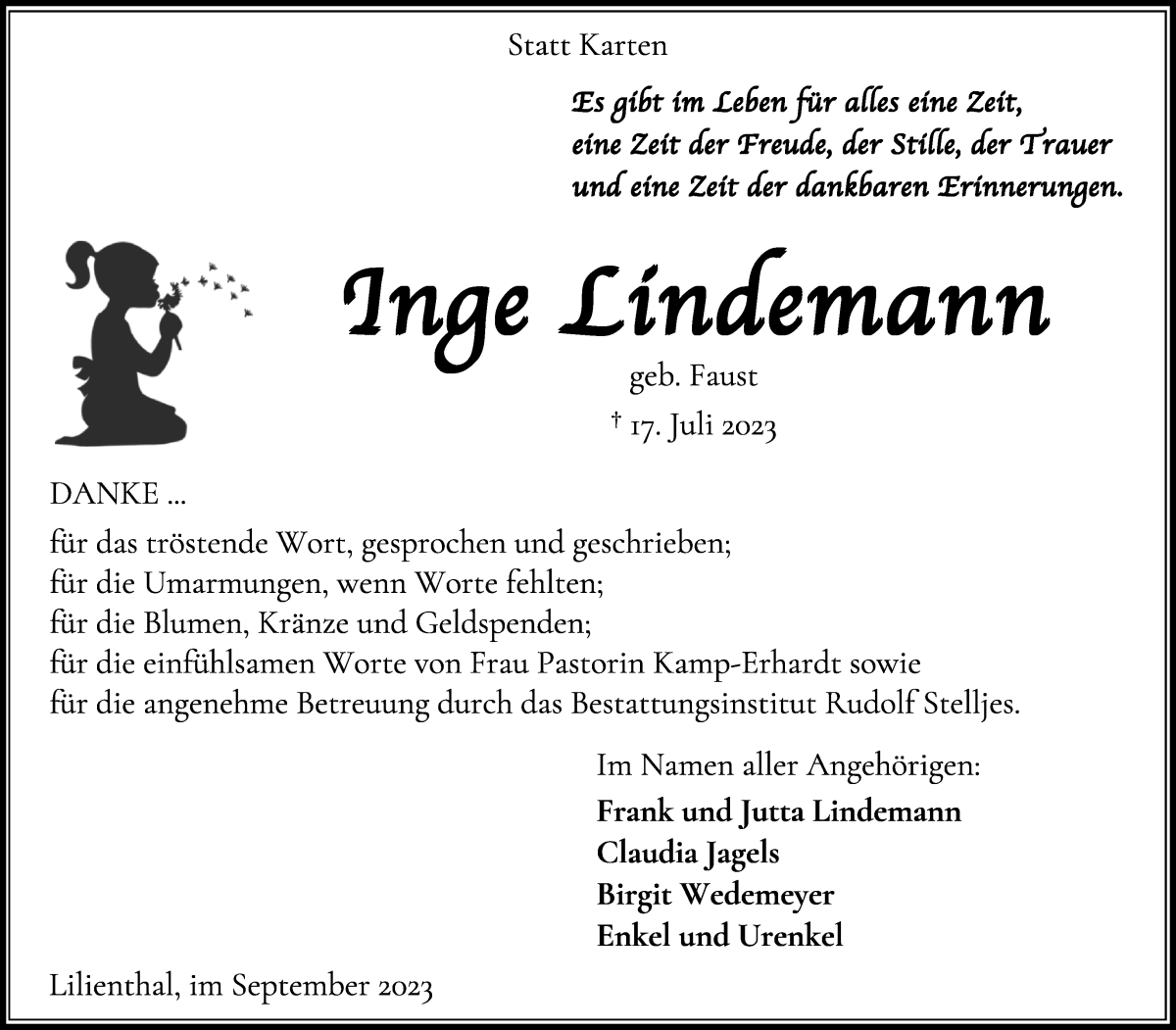 Traueranzeige von Inge Lindemann von Wuemme Zeitung