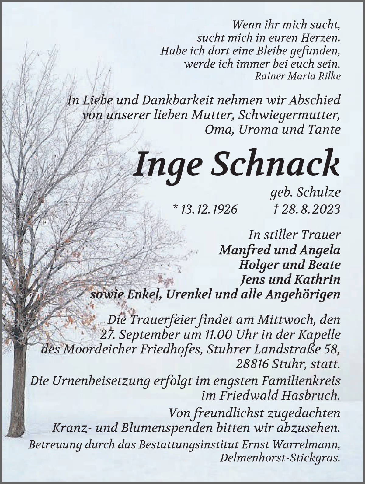 Traueranzeige von Inge Schnack von Regionale Rundschau/Syker Kurier