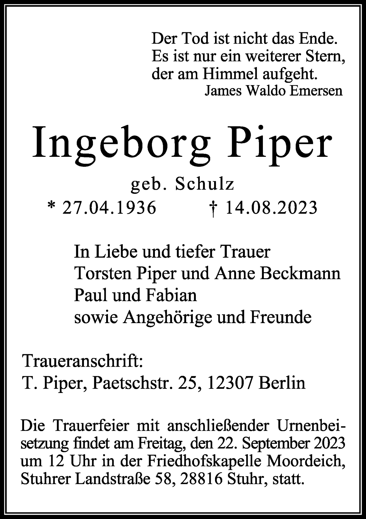 Traueranzeige von Ingeborg Piper von WESER-KURIER