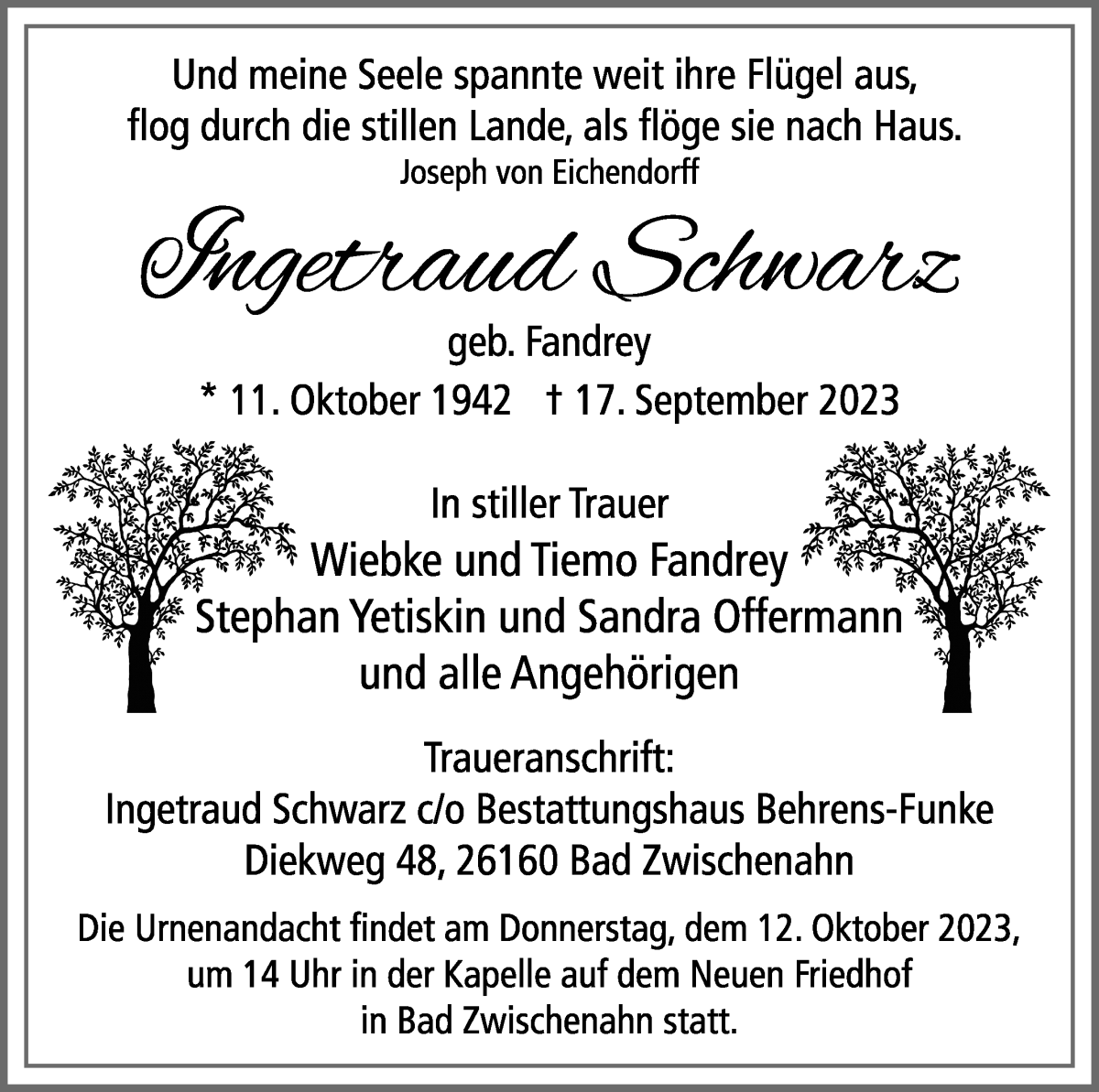 Traueranzeige von Ingetraud Schwarz von WESER-KURIER