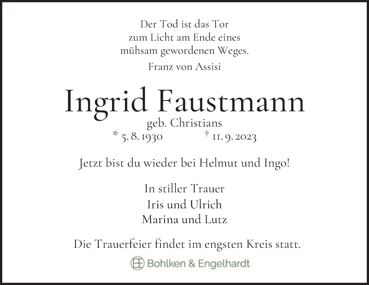 Traueranzeige von Ingrid Faustmann von WESER-KURIER