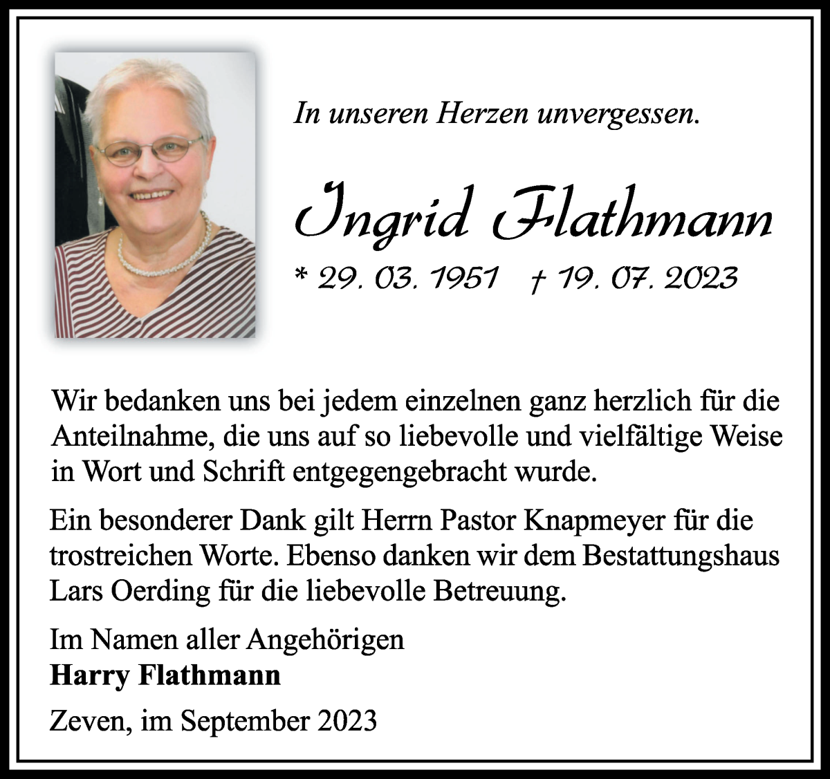 Traueranzeige von Ingrid Flathmann von Osterholzer Kreisblatt