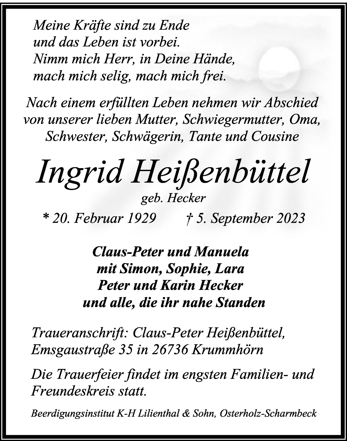 Traueranzeige von Ingrid Heißenbüttel von Osterholzer Kreisblatt