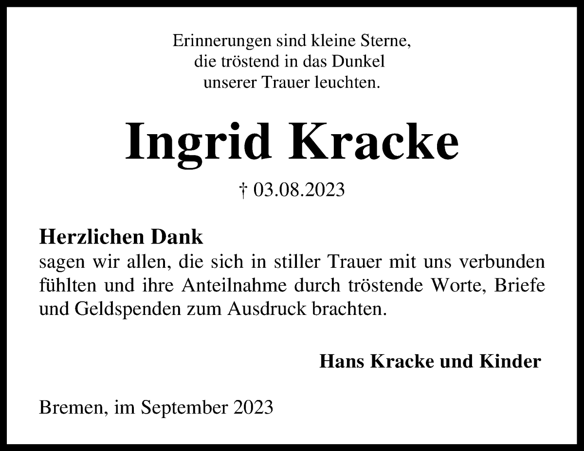 Traueranzeige von Ingrid Kracke von WESER-KURIER